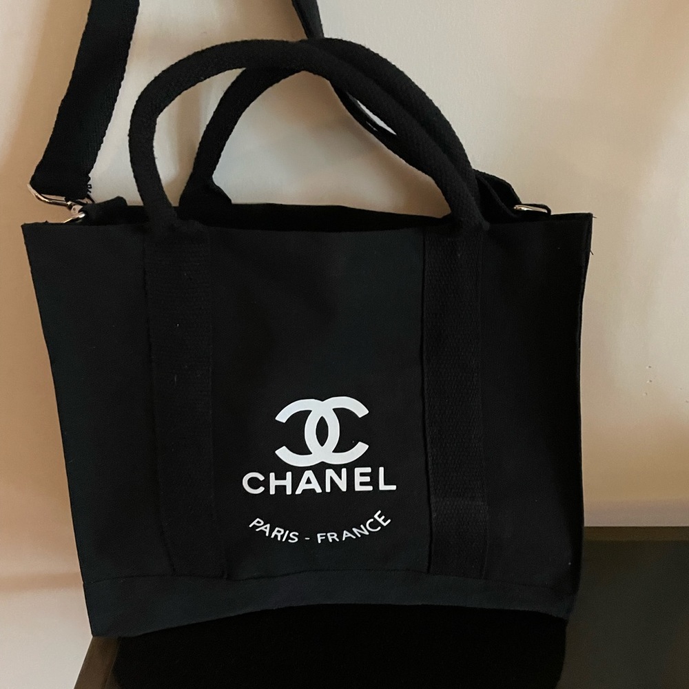 Black Logo’d Tote Bag w/Web Handles & Long Strap. - Picture 2 of 4
